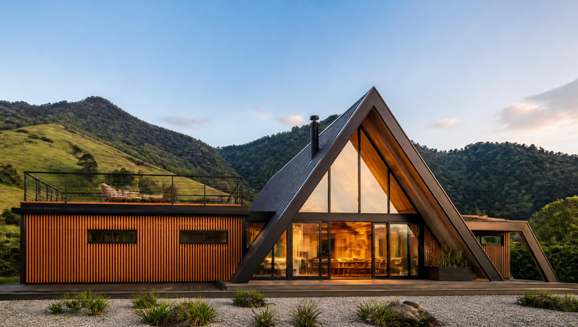 Chalé modular A-frame com fachada de madeira e vidro nas montanhas da Mantiqueira